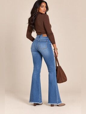 NWT Judy Blue Miley High Waist Flare Jeans Raw Hem Medium Wash 11/30